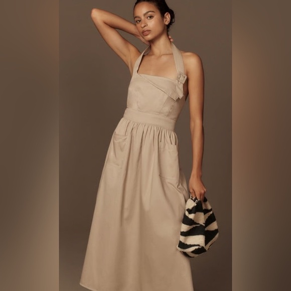 NWT Anthropologie Porridge Halter Utility Midi Dress $168 LARGE Taupe - Picture 2 of 8